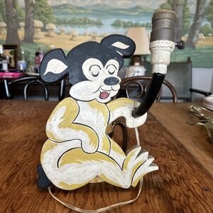 VTG 1920's Primitive Folk Art Hand Carved Painted Cartoon Dog Wall Lamp Sconce